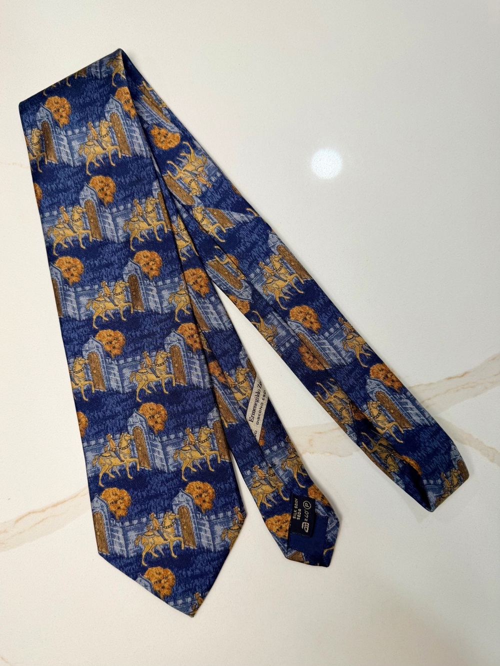 Ermenegildo Zegna 100% Silk Equestrian Castle Novelty Tie Italy Blue Gold